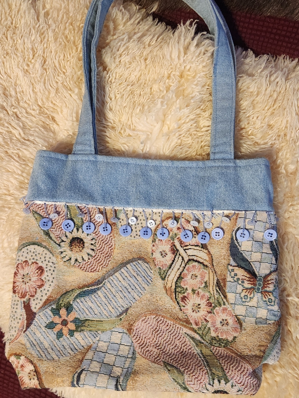 Denim-Trim Floral Tapestry Tote in Light Blue